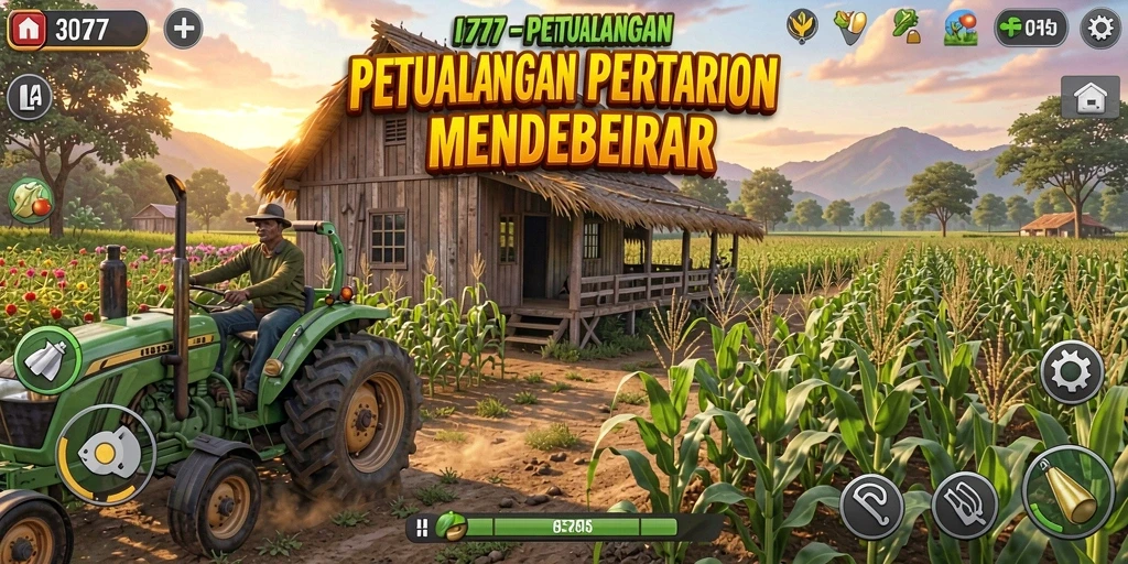Screenshot gameplay L777 menampilkan kebun hijau yang penuh dengan tanaman dan hewan.