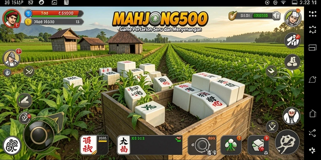 Tampilan gameplay yang menawan di MAHJONG500 dengan aktivitas bertani.