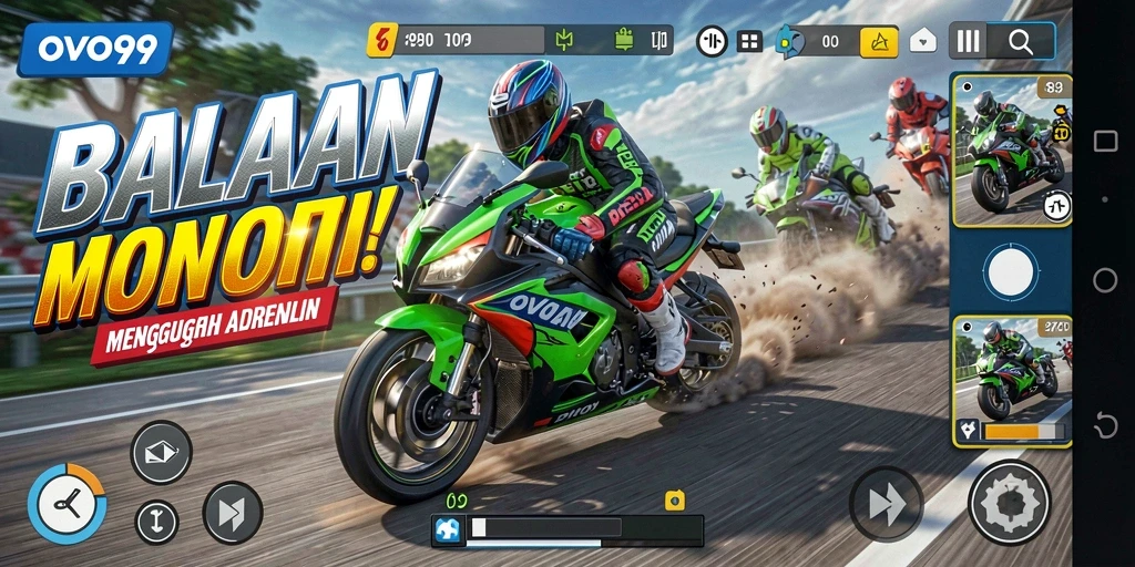 Screenshot gameplay OVO99 dengan balapan motor yang seru dan mendebarkan.