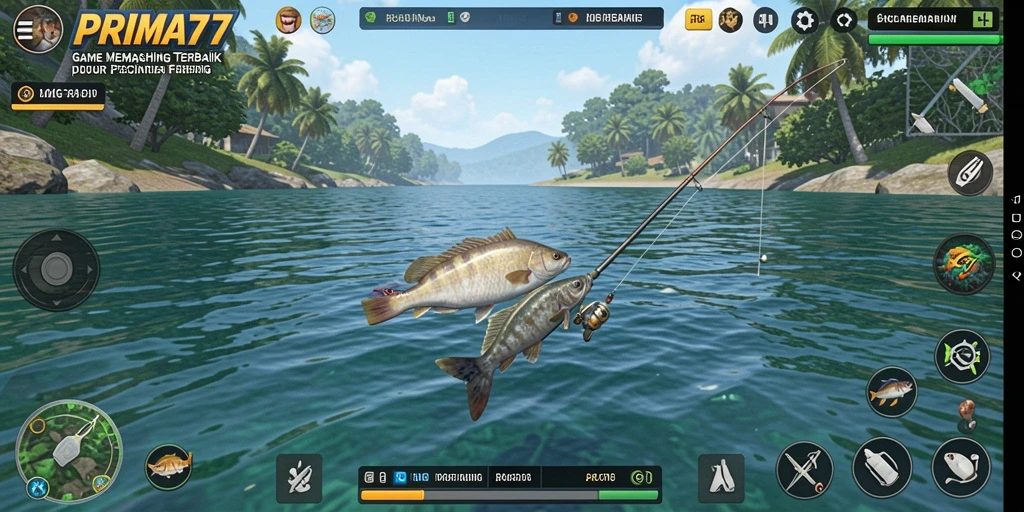 Tampilan gameplay PRIMA77 yang menarik saat menangkap ikan.