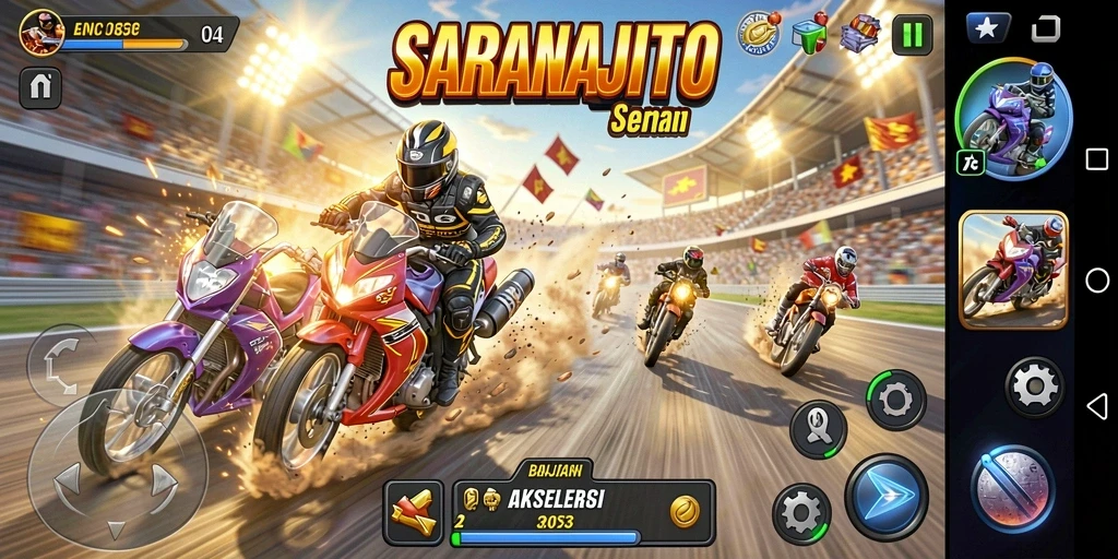 Tampilan gameplay SARANAJITU yang penuh aksi balapan.