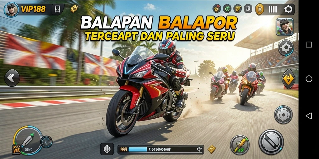 Tampilan gameplay mendebarkan dari VIP188 menampilkan balapan motor yang seru.